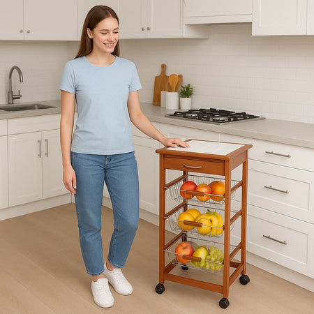 Carrello Cucina Legno Ciliegio 3 Cestelli Acciaio e Piano Ceramica Salvaspazio