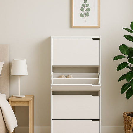Scarpiera 4Ante Doppia Profondità Salvaspazio Bianco Frassinato 63x24 H150cm Mdf