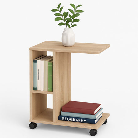 Tavolino Multifunzione Porta Pc Laterale Divano con Libreria e Ruote Quercia