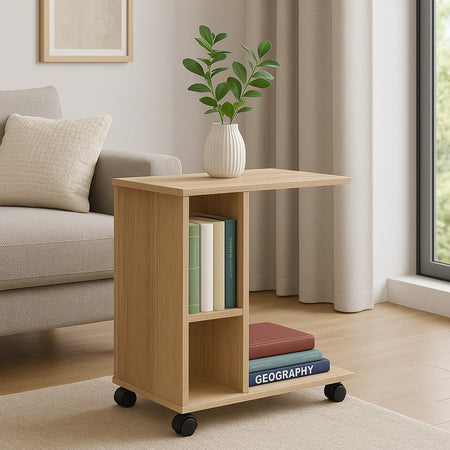 Tavolino Multifunzione Porta Pc Laterale Divano con Libreria e Ruote Quercia