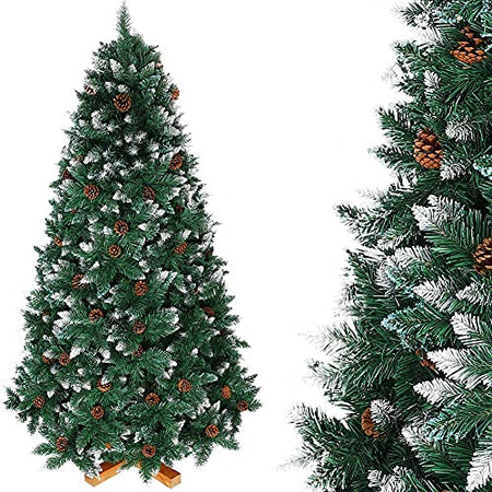 Albero di Natale Innevato 250cm Folto con Pigne 1600 Rami Base Legno Massello