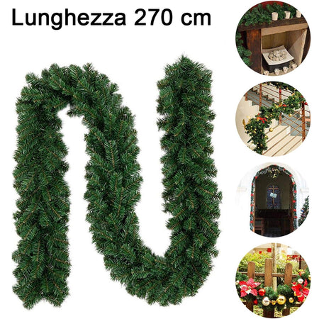 Ghirlanda Natalizia Verde 270cm Festone Folto Camino Ringhiera Pvc Resistente