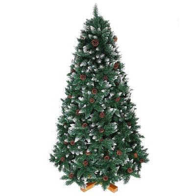 Albero di Natale Innevato 210cm Folto con Pigne 1178 Rami Base Legno Massello