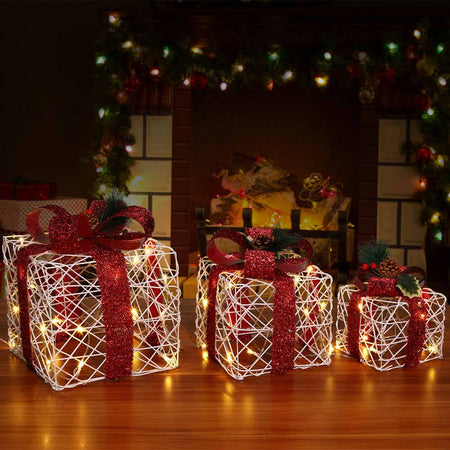 Set 3 Pacchi Regalo Natale Luminosi Bianco Rosso LED Decorazione Interno Esterno