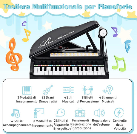 Tastiera Musicale Giocattolo Pianoforte per Bambini Nero 31 Tasti e Microfono