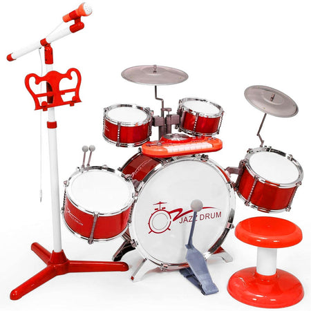 Batteria Musicale Giocattolo con Microfono Pianola DJ MP3 Rossa per Bambini