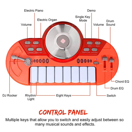 Batteria Musicale Giocattolo con Microfono Pianola DJ MP3 Rossa per Bambini