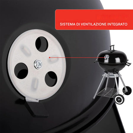 Barbecue a Carbone con Ruote BBQ Rotondo in Acciaio con Valvola di Ventilazione