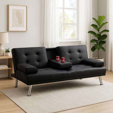 Divano Convertibile Letto 2in1 Portabibite e Cuscini Ecopelle Moderno Reclinabile Nero