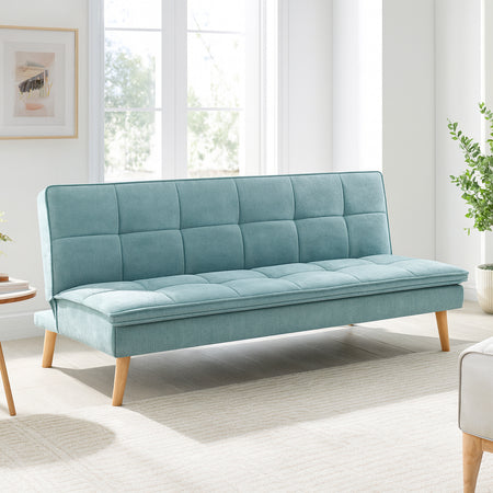 Divano Letto Reclinabile 3Posti in Tessuto Nordico con Gambe Legno Naturale Celeste