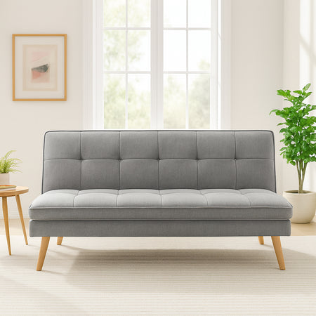 Divano Letto Reclinabile 3Posti in Tessuto Nordico con Gambe Legno Naturale Grigio