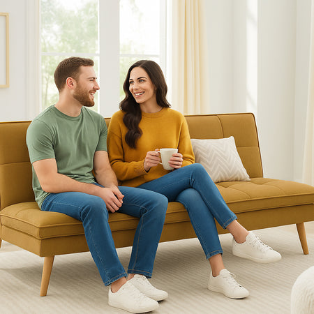 Divano Letto Reclinabile 3Posti in Tessuto Nordico con Gambe Legno Naturale Ocra