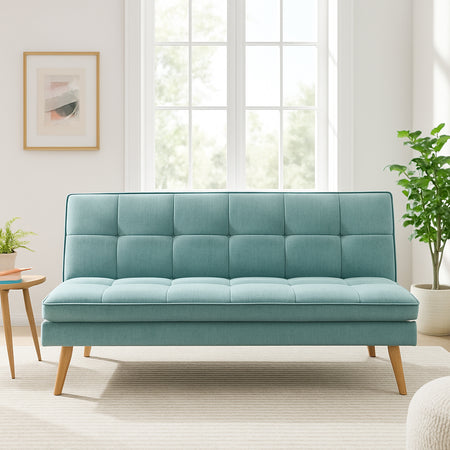 Divano Letto Reclinabile 3Posti in Tessuto Nordico con Gambe Legno Naturale Celeste