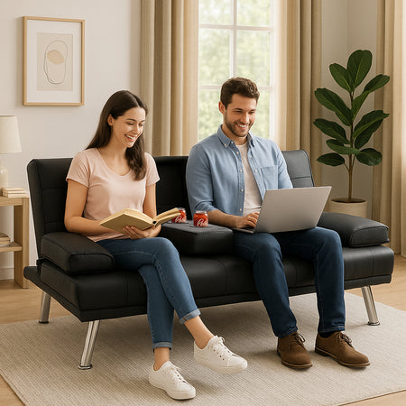 Divano Convertibile Letto 2in1 Portabibite e Cuscini Ecopelle Moderno Reclinabile Nero