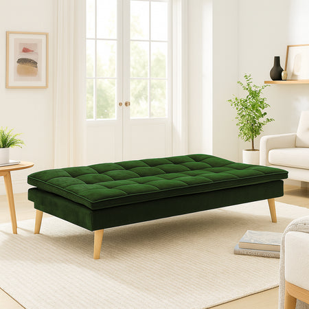 Divano Letto Reclinabile 3Posti in Tessuto Nordico con Gambe Legno Naturale Verde