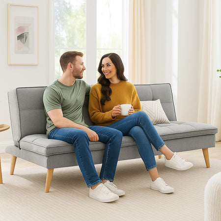 Divano Letto Reclinabile 3Posti in Tessuto Nordico con Gambe Legno Naturale Grigio