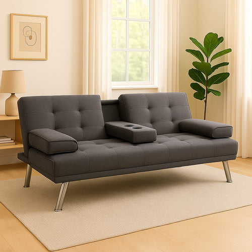 Divano Convertibile Letto 2in1 Portabibite e Cuscini Tessuto Moderno Reclinabile Grigio