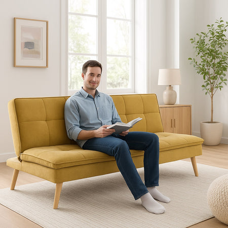 Divano Letto Reclinabile 3Posti in Tessuto Nordico con Gambe Legno Naturale Ocra