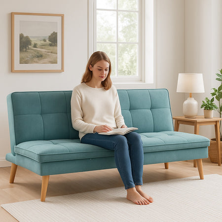 Divano Letto Reclinabile 3Posti in Tessuto Nordico con Gambe Legno Naturale Celeste
