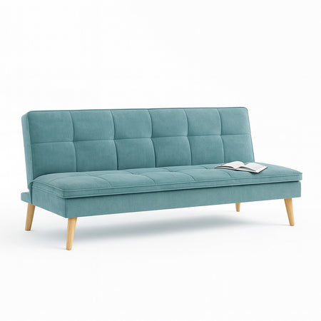 Divano Letto Reclinabile 3Posti in Tessuto Nordico con Gambe Legno Naturale Celeste