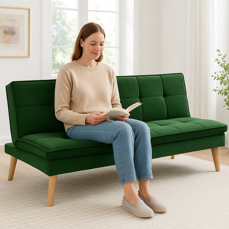 Divano Letto Reclinabile 3Posti in Tessuto Nordico con Gambe Legno Naturale Verde