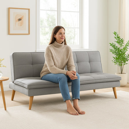 Divano Letto Reclinabile 3Posti in Tessuto Nordico con Gambe Legno Naturale Grigio