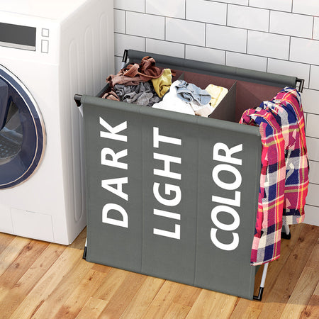 Cesto Biancheria 3 Scomparti Pieghevole Portabiancheria Metallo Tessuto Grigio