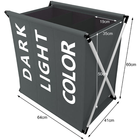 Cesto Biancheria 3 Scomparti Pieghevole Portabiancheria Metallo Tessuto Grigio