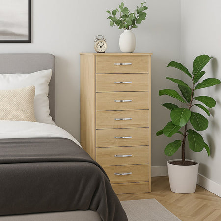 Cassettiera 7 Cassetti Multiuso Settimino Moderno Salvaspazio in Legno Mdf 116cm Quercia