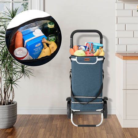 Carrello Spesa Pieghevole 56L Blu Borsa Termica Trolley Portaspesa con Tracolla