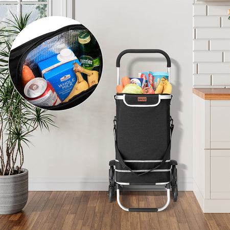 Carrello Spesa Montascale 56L Nero Borsa Termica Trolley Portaspesa con Tracolla