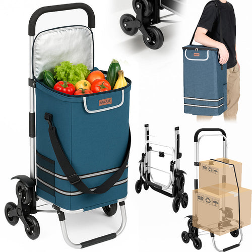 Carrello Spesa Montascale 56L Blu Borsa Termica Trolley Portaspesa con Tracolla