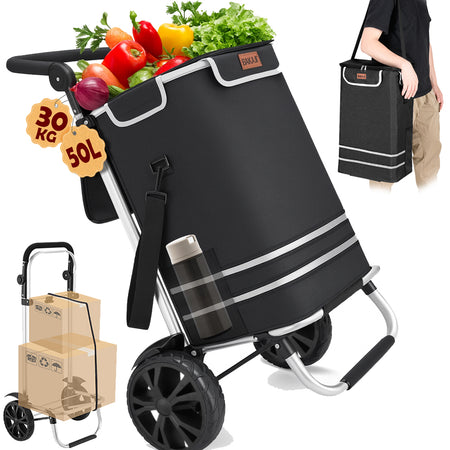 Carrello Spesa Pieghevole 50LT con Borsa Termica Trolley Porta Spesa 2 Ruote Nero