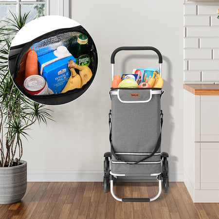 Carrello Spesa Montascale 50L Pieghevole con Borsa Termica Impermeabile 6 Ruote Grigio