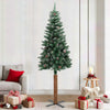 Albero di Natale Sottile 210 cm Verde con Pigne, Neve e Base in Legno Vero