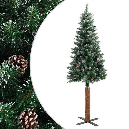 Albero di Natale Sottile 210 cm Verde con Pigne, Neve e Base in Legno Vero