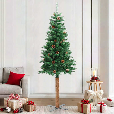 Albero di Natale Sottile 210 cm Verde in PVC con Legno Vero e Pigne Naturali