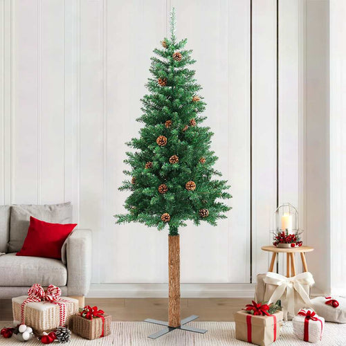 Albero di Natale Sottile 210 cm Verde in PVC con Legno Vero e Pigne Naturali