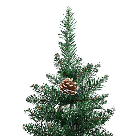 Albero di Natale Sottile 210 cm Verde con Pigne, Neve e Base in Legno Vero