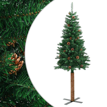 Albero di Natale Sottile 210 cm Verde in PVC con Legno Vero e Pigne Naturali