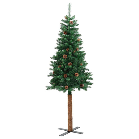 Albero di Natale Sottile 210 cm Verde in PVC con Legno Vero e Pigne Naturali