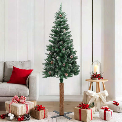 Albero di Natale Sottile con Legno Vero e Neve Verde 180 cm