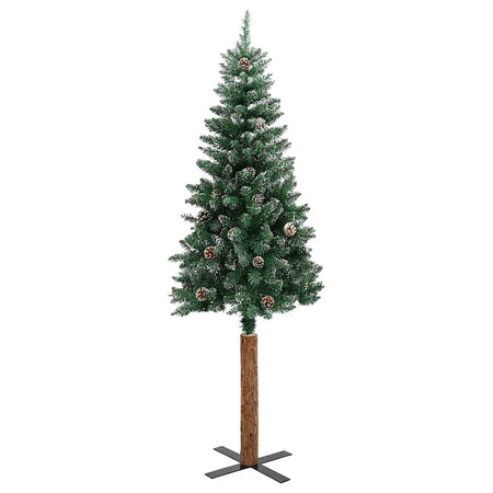 Albero di Natale Sottile con Legno Vero e Neve Verde 180 cm