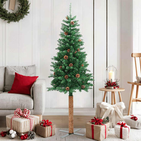 Albero di Natale Sottile 150 cm Verde in PVC con Legno Vero e Pigne Naturali