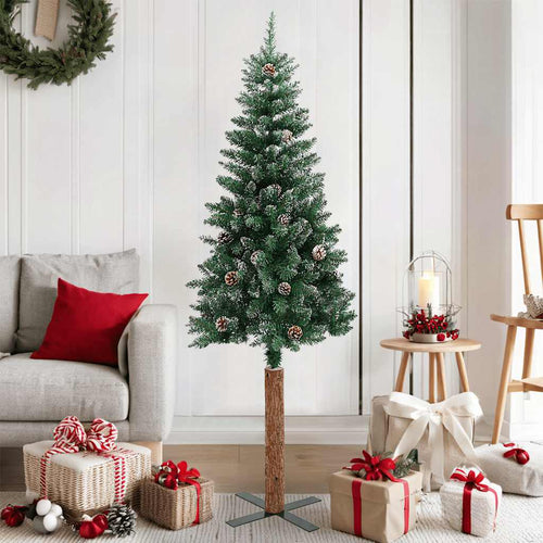 Albero di Natale Sottile 150 cm Verde con Pigne, Neve e Base in Legno Vero