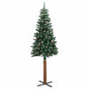 Albero di Natale Sottile 150 cm Verde con Pigne, Neve e Base in Legno Vero