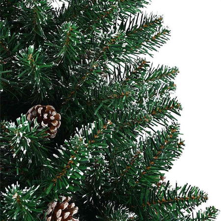 Albero di Natale Sottile 150 cm Verde con Pigne, Neve e Base in Legno Vero