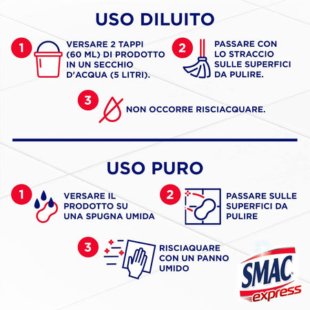 6 X Smac Express Pavimenti Igienizzante 1 LT Senza Risciacquo Con Ammoniaca