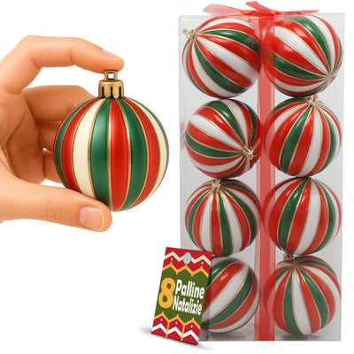 Box 8 Palline di Natale per Albero Sfere Natalizie Bianco Rosso e Verde da 10cm