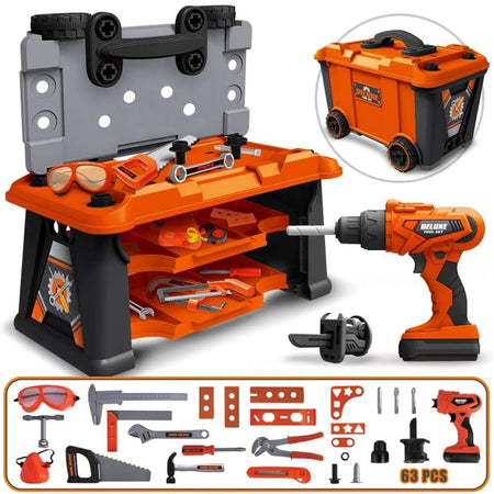 Banco Attrezzi Bambini 2 in 1 con Trapano Elettrico 65 pezzi Valigetta Gioco